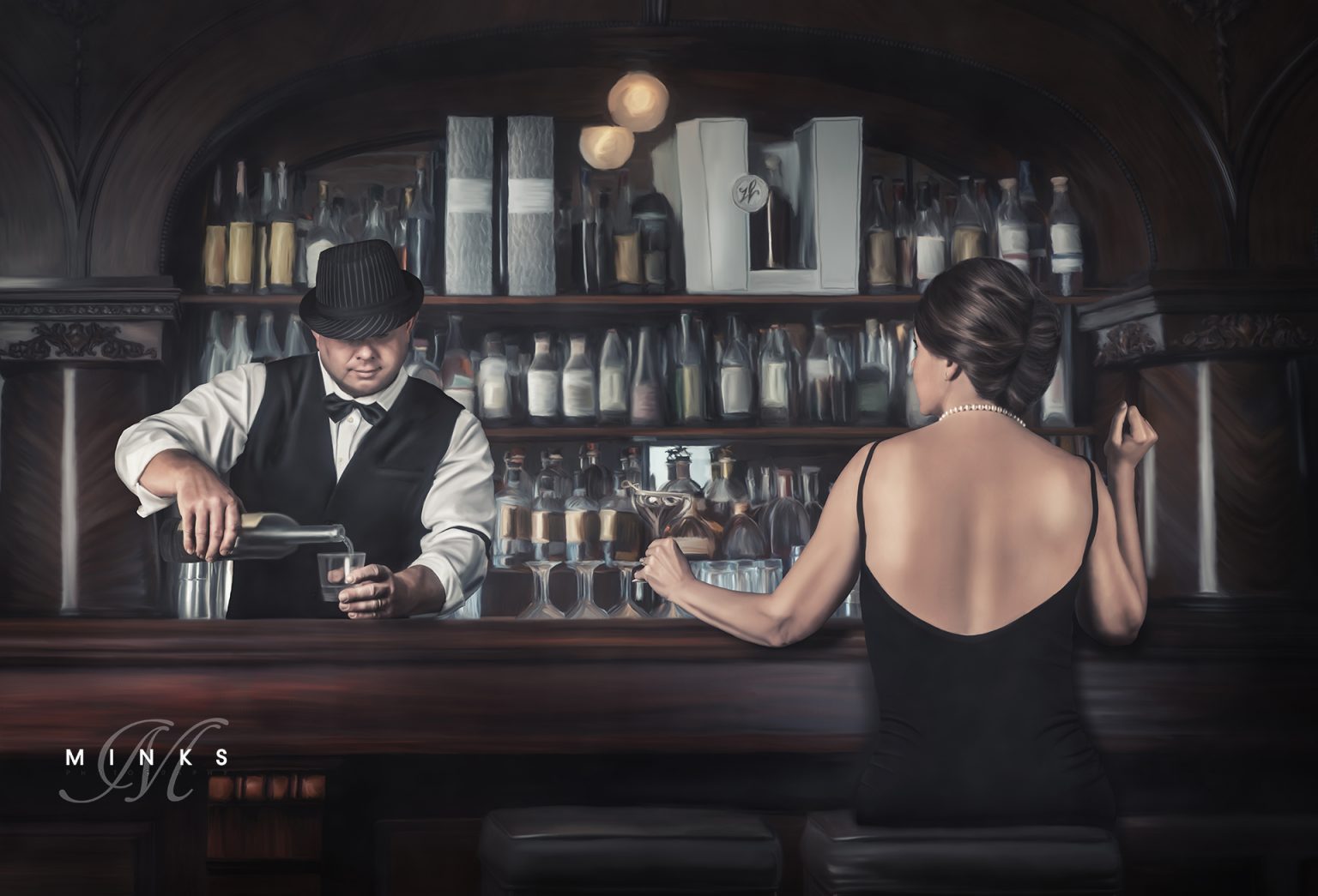 commissioned portrait of a women sitting at a bar and a bartender behind a bar at bishiops quarter