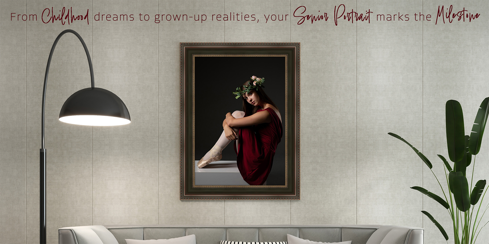 Fine Art Framed Canvas of a high school senior girl hanging in a living room