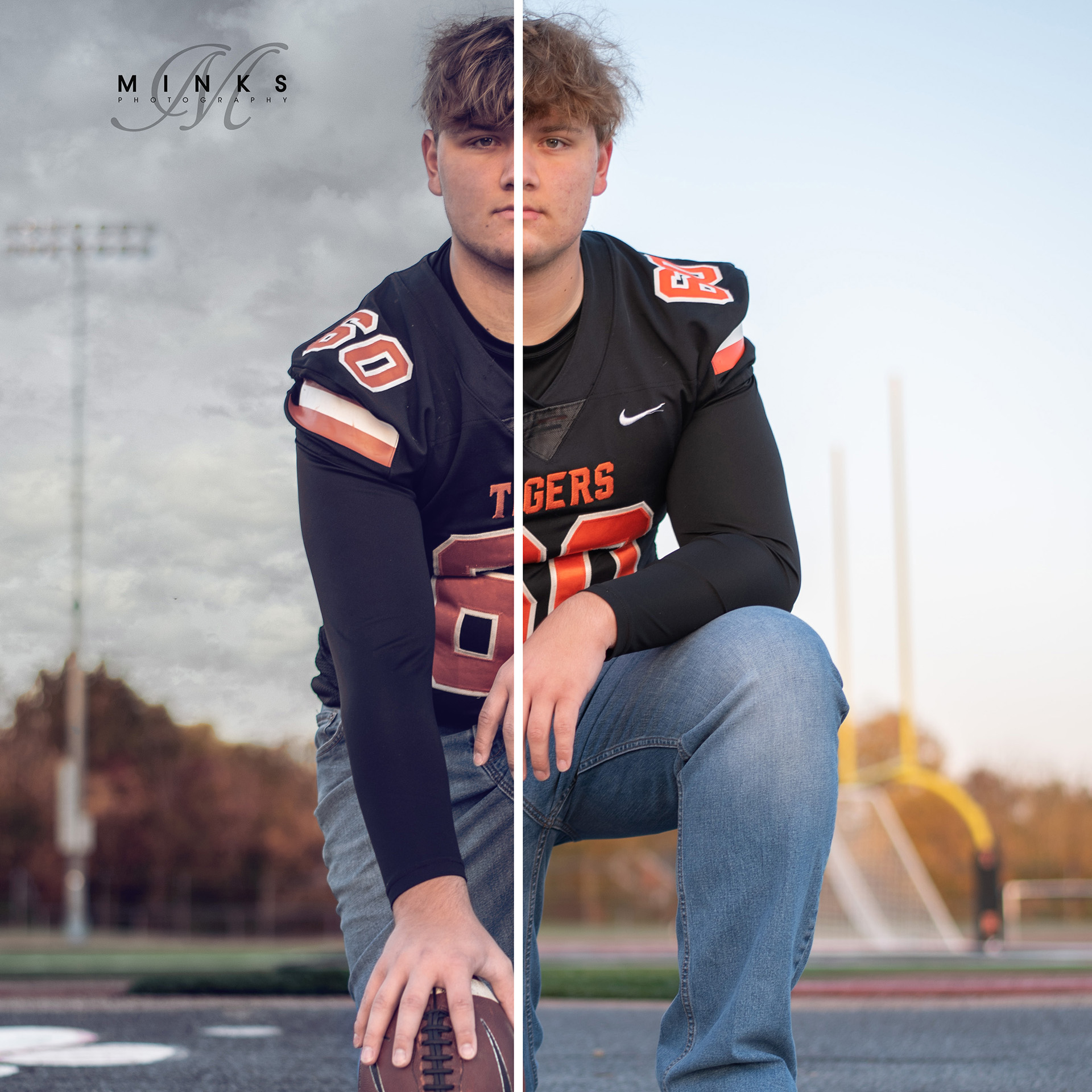 High school senior guy football player kneeling with football on high school field
